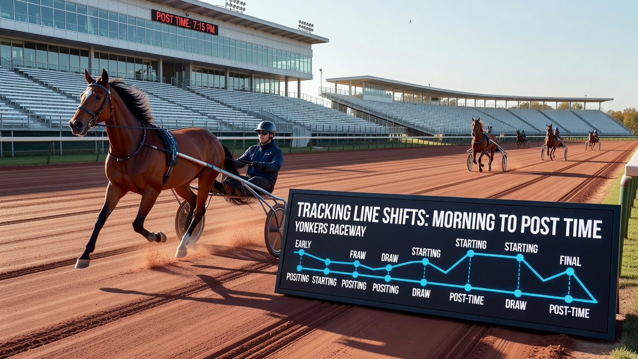 Yonkers Raceway harness racing track with horses preparing for an evening card under lights