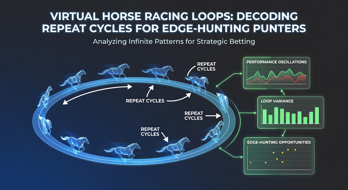 Digital simulation of virtual horse race showing horses mid-gallop on a track with looping cycle indicators