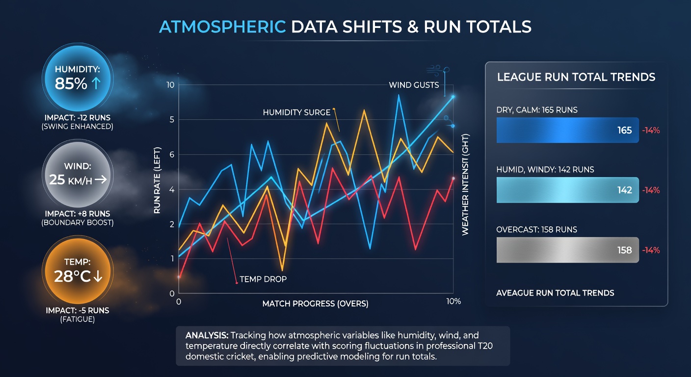 T20 cricket match in progress with weather sensors and run rate graphs displayed on screen