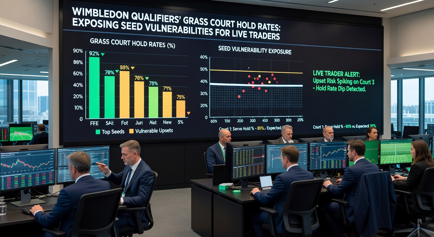 Close-up of a seed player serving under pressure in Wimbledon qualifiers, with crowd and grass court in background