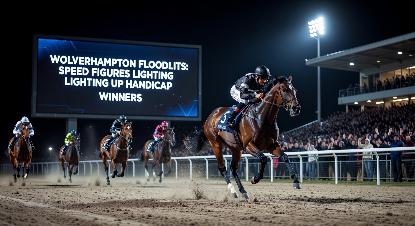 Vibrant floodlit scene at Wolverhampton racecourse during a night handicap race, horses charging under bright lights