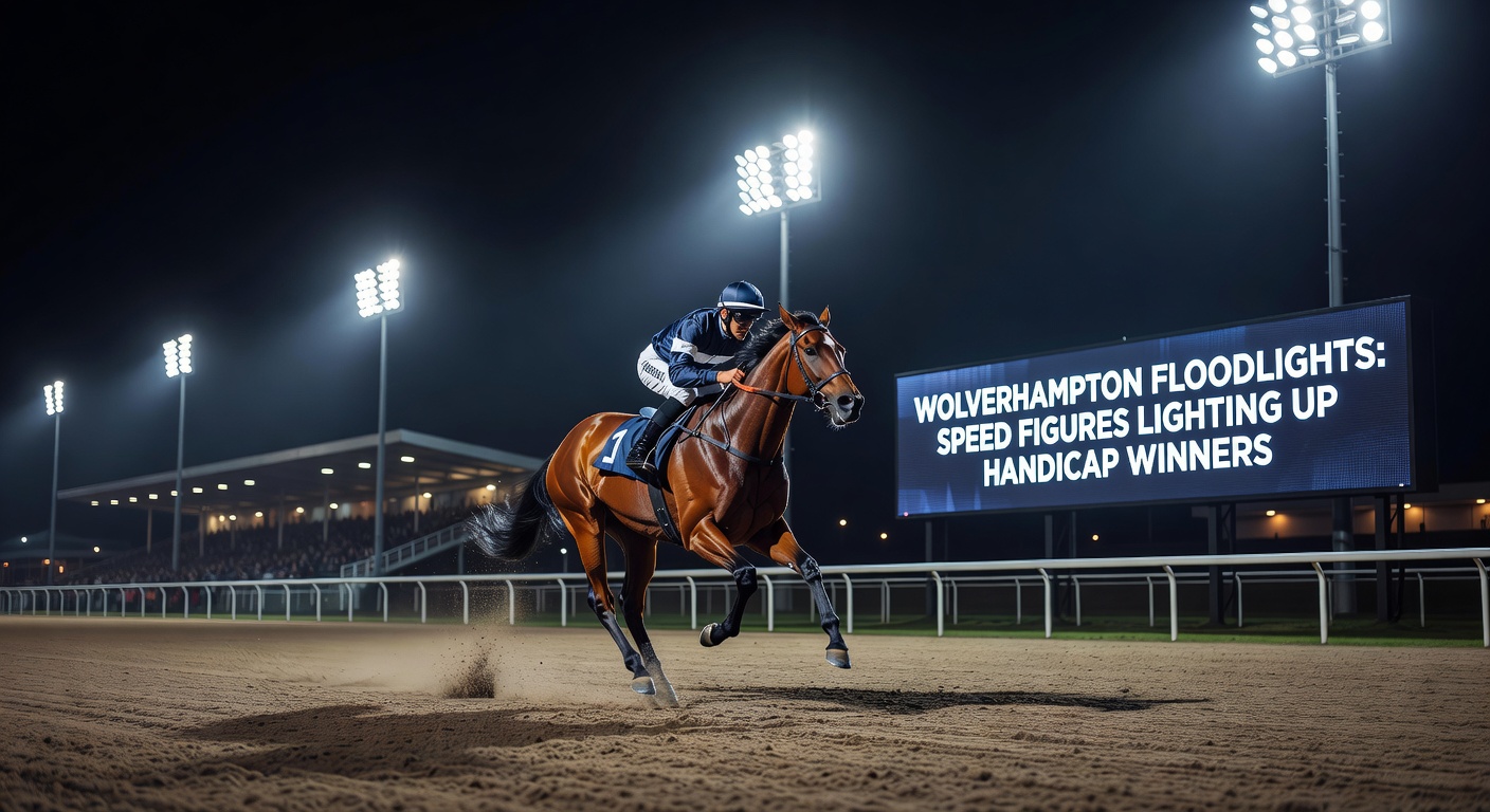 Close-up chart displaying speed figure trends for Wolverhampton handicap winners, with bars highlighting top performers under floodlights