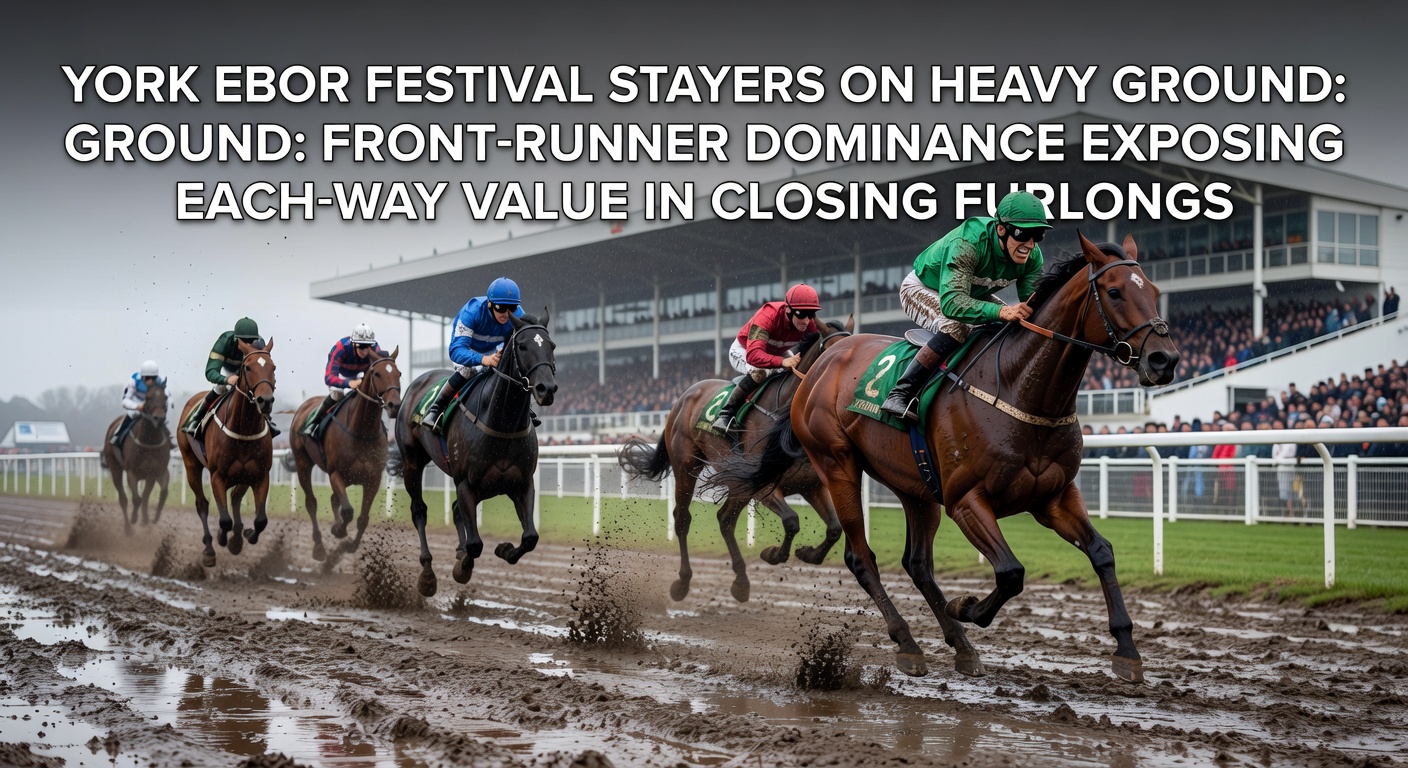Dramatic scene of stayers battling on heavy ground at York Ebor Festival, with front-runners kicking up mud under a rainy sky