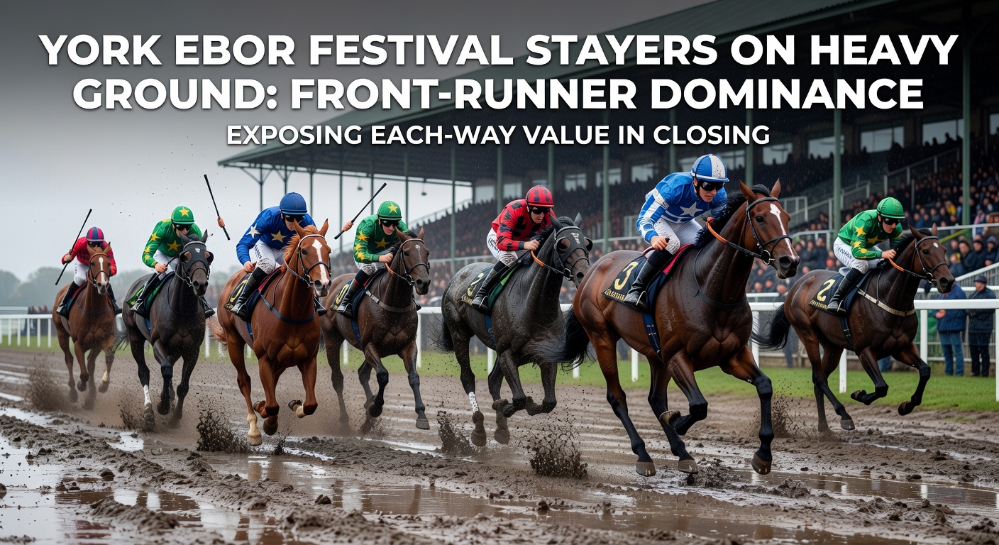Close-up of a late-closing stayer gaining ground on tiring front-runners during York's Ebor Festival on heavy turf